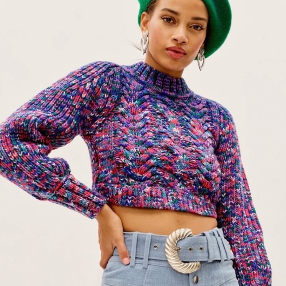 For Love And Lemons Multicolor Cropped Cable Knit Sweater - Pink, Purple, Blue
